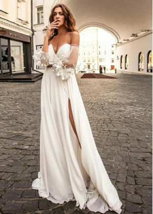 Puff Sleeve Ivory Chiffon Side Slit Wedding Dress Puff Sleeve Ivory Chiffon Side Slit Wedding Dress